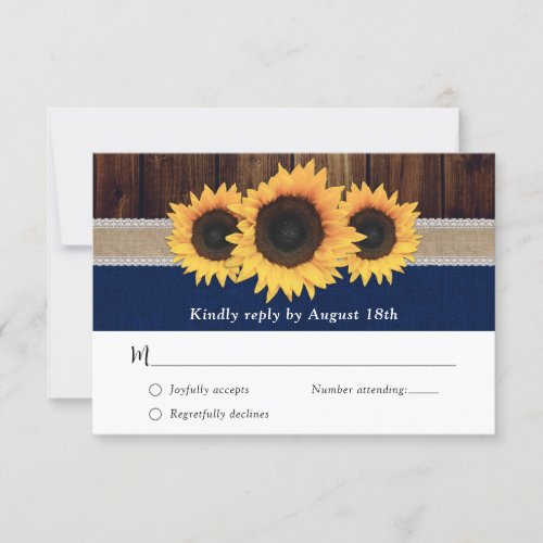 Rustic Sunflower Navy Blue Burlap Wedding RSVP Card