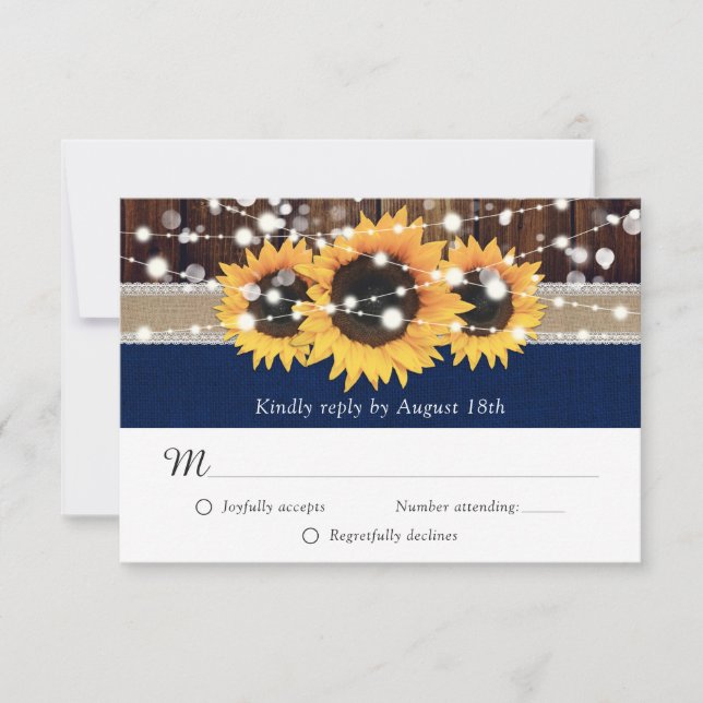 Rustic Sunflower Navy Blue Burlap Wedding RSVP Card (Front)