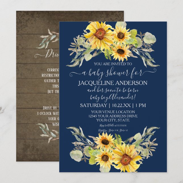 Rustic Sunflower Navy Blue Drive By Baby Shower Invitation (Front/Back)