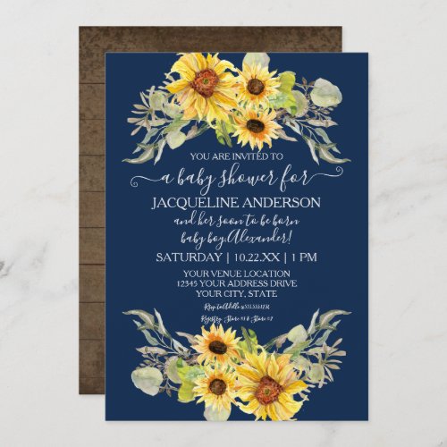 Rustic Sunflower Navy Blue Drive By Baby Shower Invitation