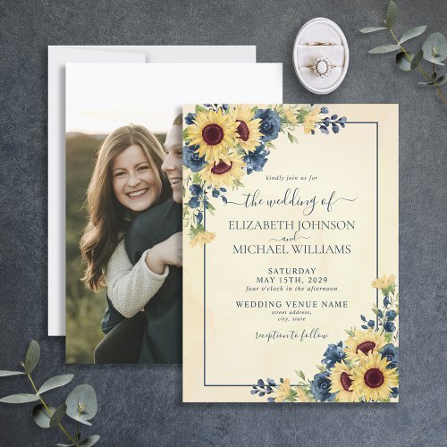 Rustic Sunflower Navy Blue Floral Photo Wedding Invitation