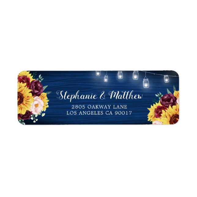 Rustic Sunflower Navy Blue Jar Lights Wedding Label (Front)