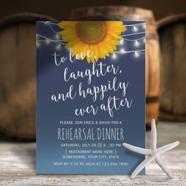 Rustic Sunflower Navy Blue Rehearsal Dinner Invitation (Creator Uploaded)