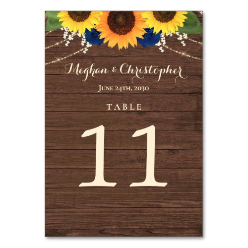 Rustic Sunflower Navy Blue Roses Wood Wedding  Table Number