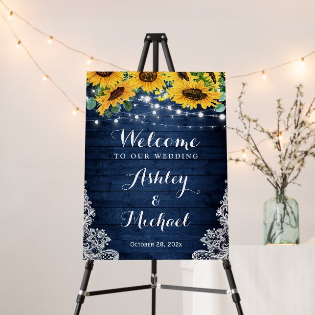 Rustic Sunflower Navy Blue String Lights Wedding Foam Board (In Situ (Stand))
