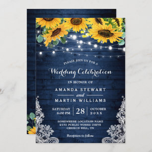 Rustic Sunflower Navy Blue String Lights Wedding Invitation