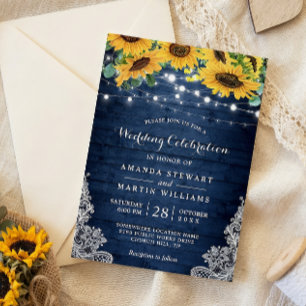 Rustic Sunflower Navy Blue String Lights Wedding Invitation