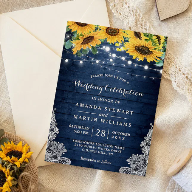 Rustic Sunflower Navy Blue String Lights Wedding Invitation | Zazzle