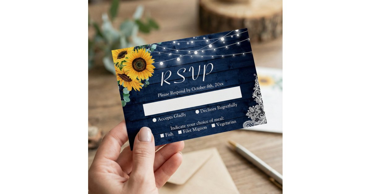 Rustic Sunflower Navy Blue String Lights Wedding RSVP Card | Zazzle