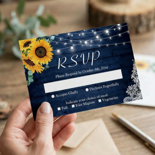 Rustic Sunflower Navy Blue String Lights Wedding RSVP Card (Creator Uploaded)