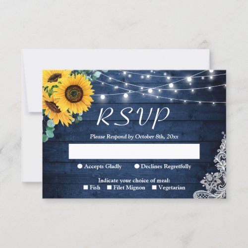 Rustic Sunflower Navy Blue String Lights Wedding RSVP Card