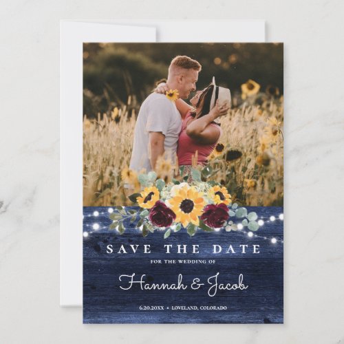 Rustic Sunflower Navy Blue String Lights Wedding Save The Date