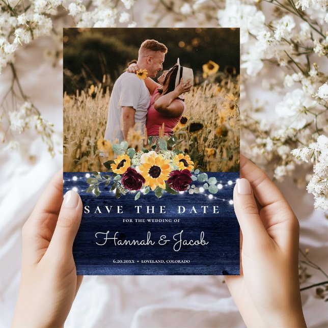 Rustic Sunflower Navy Blue String Lights Wedding Save The Date (Creator Uploaded)