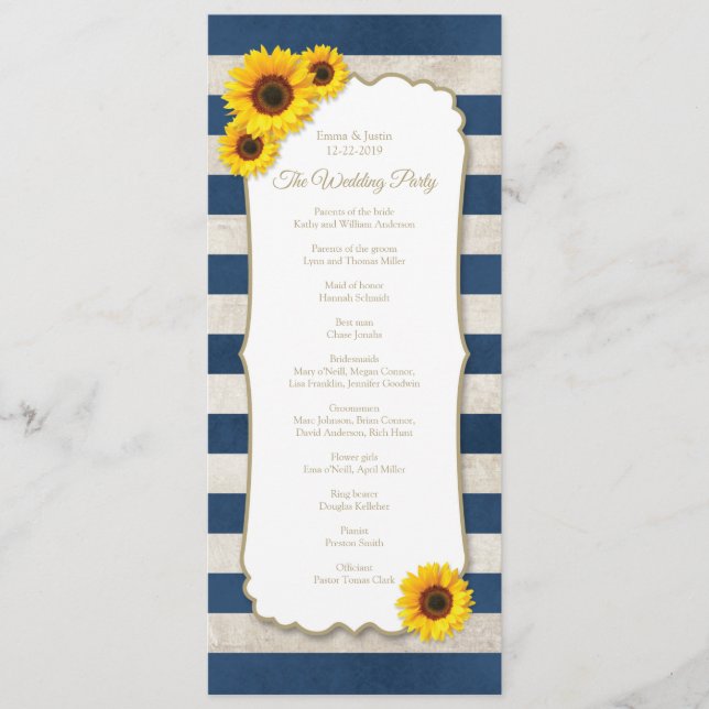 Rustic Sunflower & Navy Blue Stripes Wedding Program (Front)