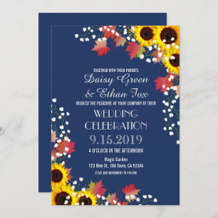 Rustic Sunflower Navy Blue Wedding Invitations
