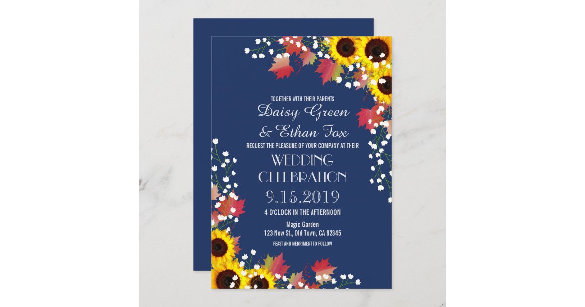 Rustic Sunflower Navy Blue Wedding Invitations Zazzle