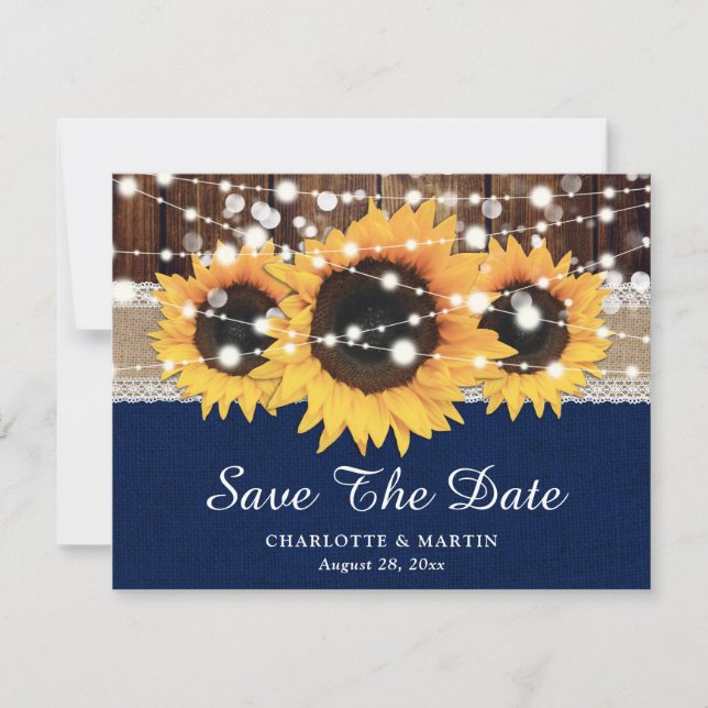 Rustic Sunflower Navy Blue Wedding Save The Date Announcement (Front)