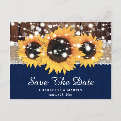 Rustic Sunflower Navy Blue Wedding Save The Date Announcement Postcard