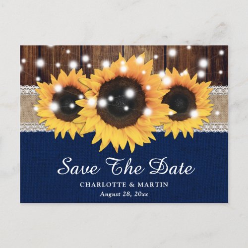 Rustic Sunflower Navy Blue Wedding Save The Date Announcement Postcard
