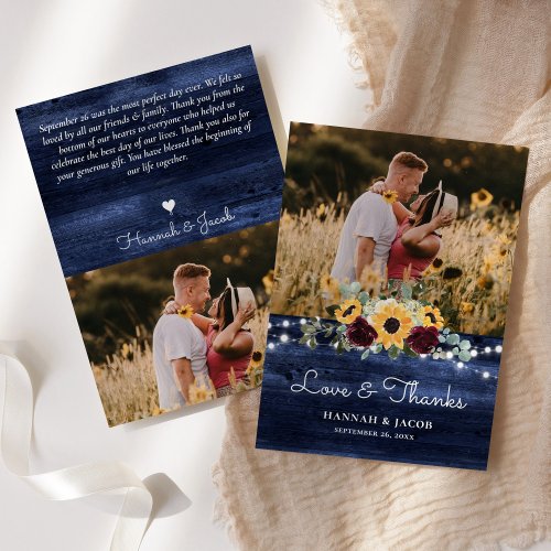 Rustic Sunflower Navy Blue Wedding Thank You Card