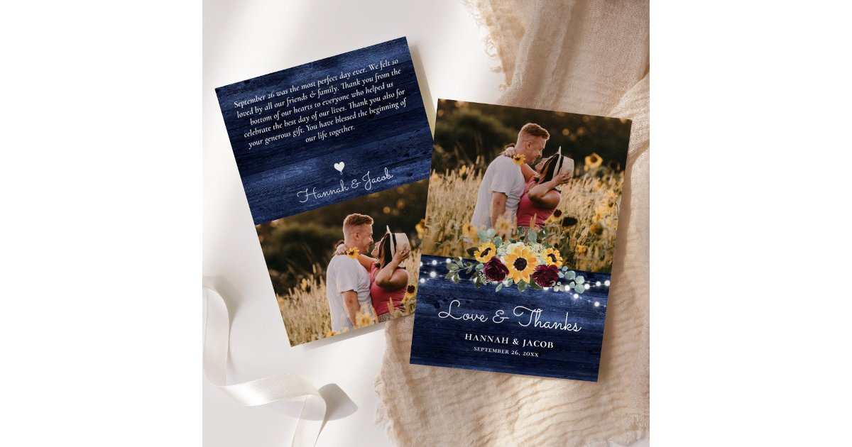 Rustic Sunflower Navy Blue Wedding Thank You Card | Zazzle
