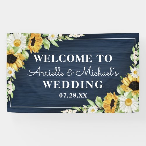 Rustic Sunflower Navy Blue Wood Background Wedding Banner