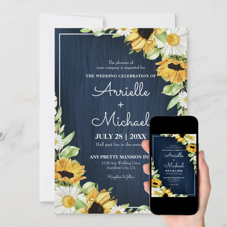 Rustic Sunflower Navy Blue Wood Background Wedding Invitation Zazzle