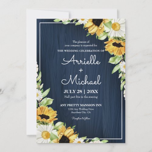 Rustic Sunflower Navy Blue Wood Background Wedding Invitation