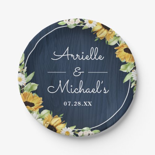 Rustic Sunflower Navy Blue Wood Background Wedding Paper Plates