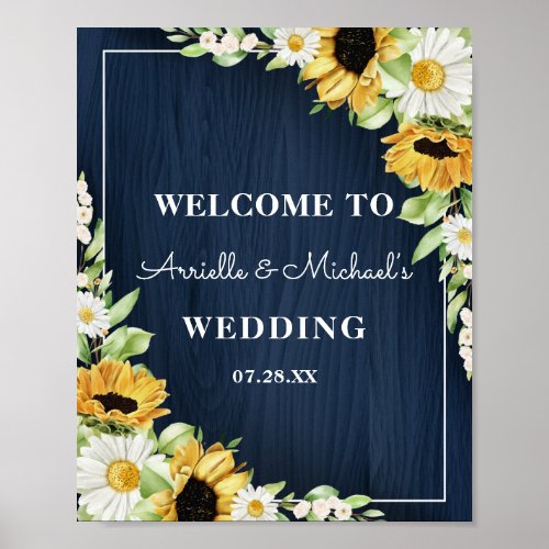 Rustic Sunflower Navy Blue Wood Background Wedding Poster