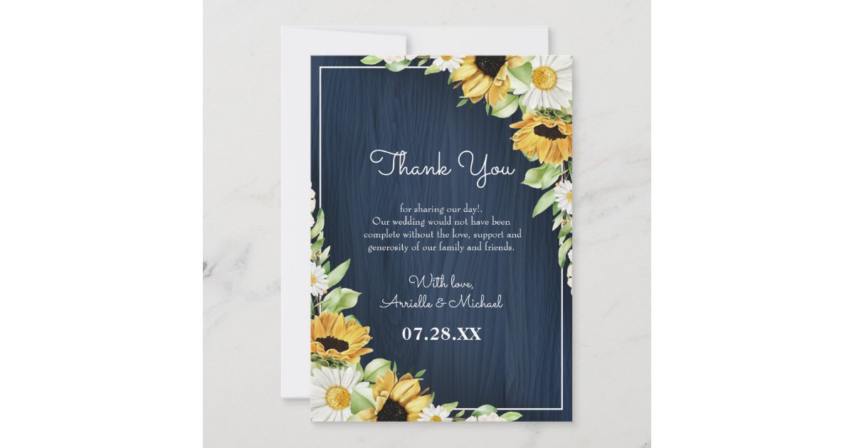Rustic Sunflower Navy Blue Wood Background Wedding Thank You Card | Zazzle