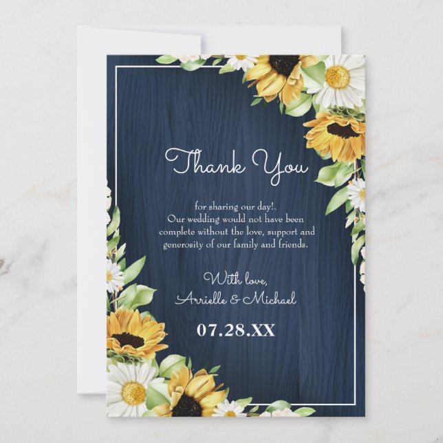 Rustic Sunflower Navy Blue Wood Background Wedding Thank You Card (Front)