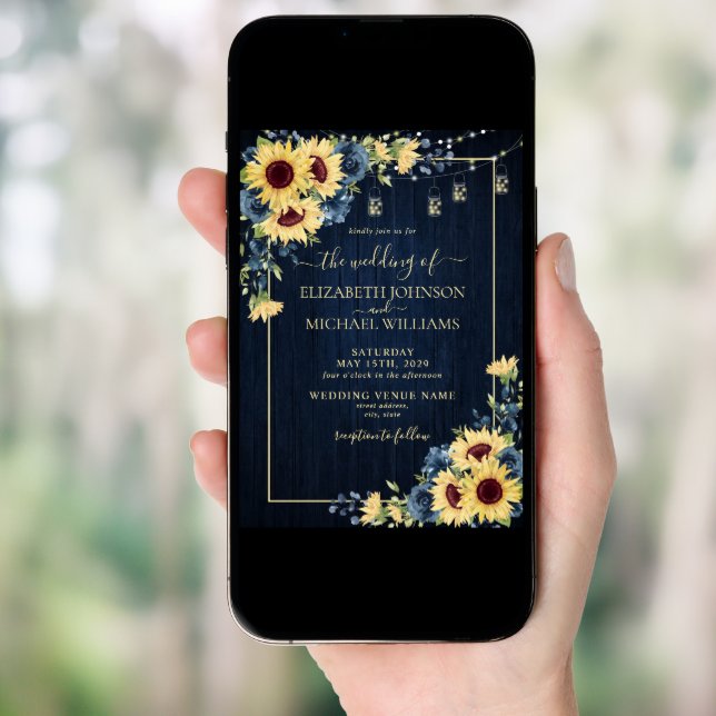Rustic Sunflower Navy Blue Wood Floral Wedding Invitation (Front Digital)