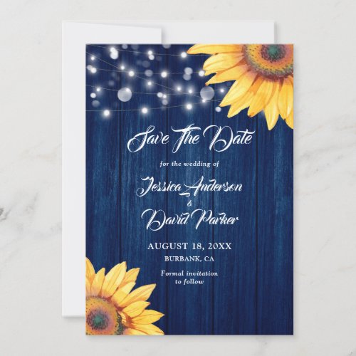 Rustic Sunflower Navy Blue Wood Lights Wedding Save The Date