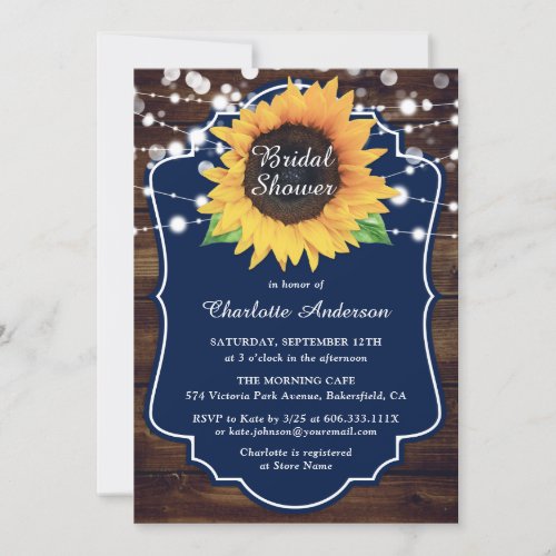 Rustic Sunflower Navy Bridal Shower Invitation