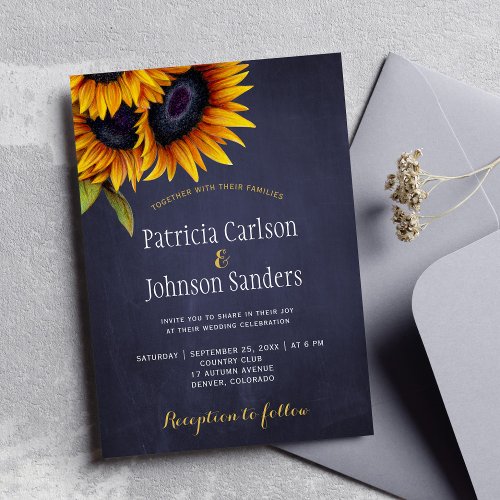 Rustic sunflower navy chalkboard wedding invitation