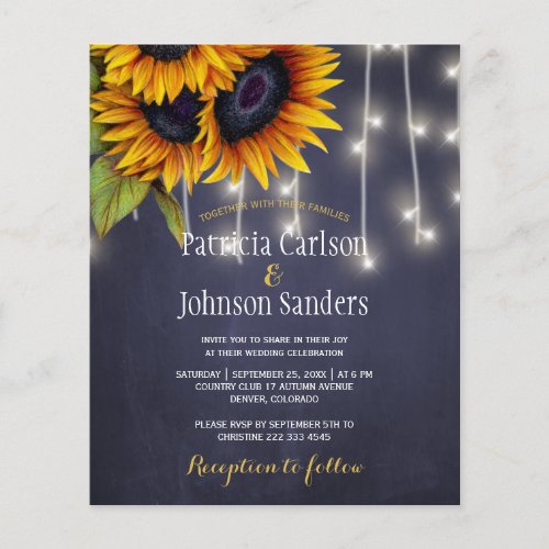 Rustic sunflower navy chalkboard wedding invite