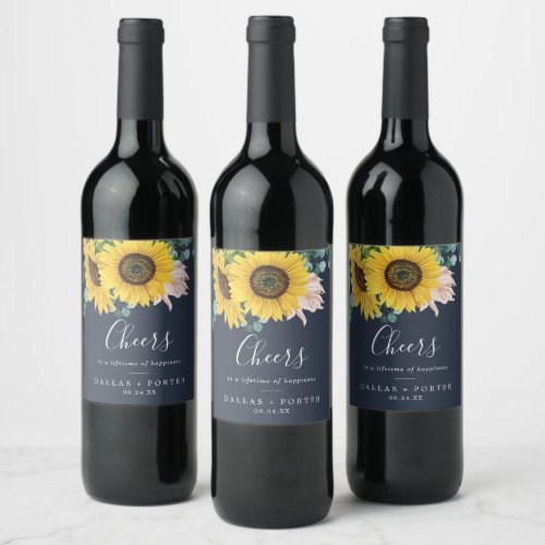 Rustic Sunflower  Navy Cheers Wedding Wine Labels