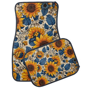 Rustic Sunflower Navy Floral Car Floor Mat