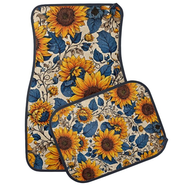 Rustic Sunflower Navy Floral Car Floor Mat (Set)