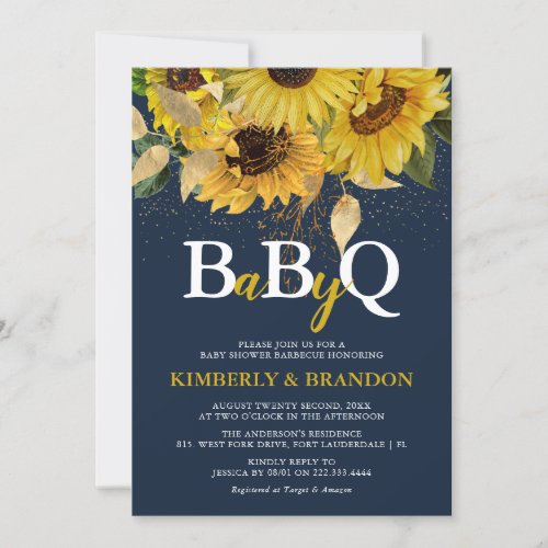 Rustic Sunflower Navy  Gold BBQ Baby Shower  Invitation