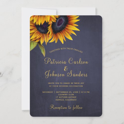 Rustic sunflower navy gold wedding invitation