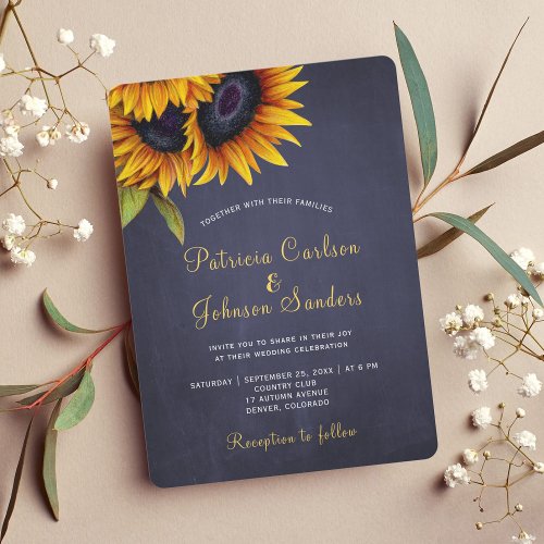 Rustic sunflower navy gold wedding invitation