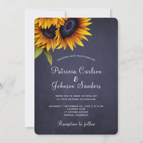 Rustic sunflower navy gold wedding invitation