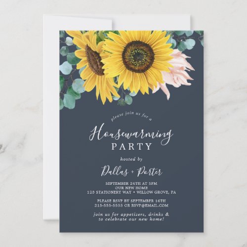 Rustic Sunflower  Navy Housewarming Party Invitation