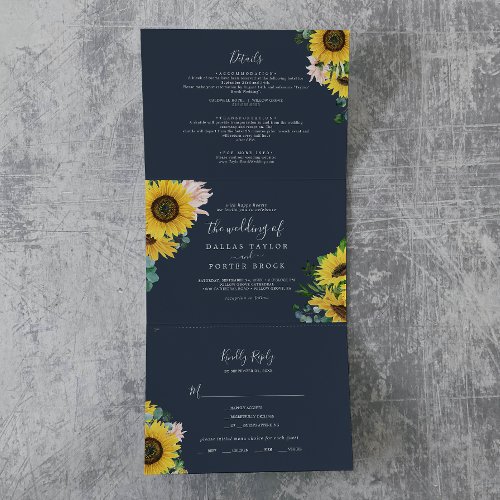 Rustic Sunflower  Navy Photo Wedding All In One Tri_Fold Invitation