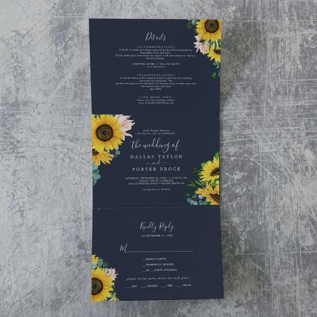 Rustic Sunflower | Navy Photo Wedding All In One Tri-Fold Invitation (Creator Uploaded)