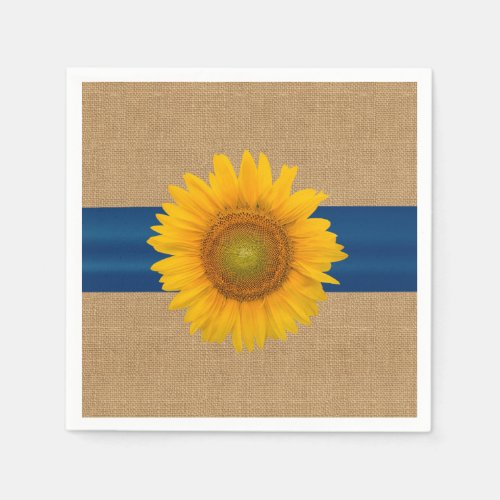 Rustic Sunflower Navy Ribbon Burlap Napkins