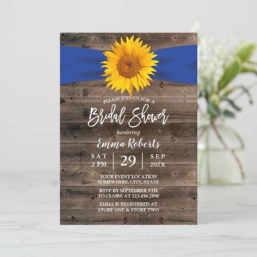 Rustic Sunflower Navy Ribbon Wood Bridal Shower Invitation