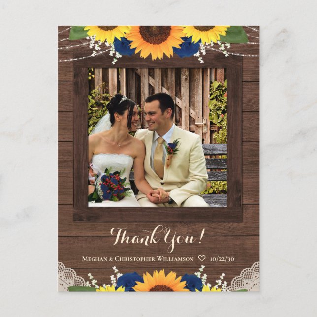 Rustic Sunflower Navy Rose Wedding Thank You Photo Postcard (Front)